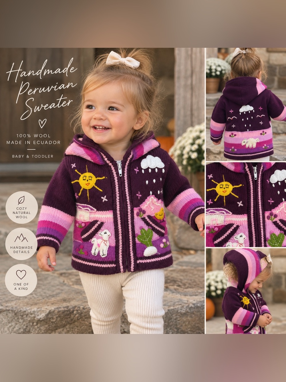 Peruvian Handmade Baby Wool Knit Hooded Zip Sweater Purple Pink 100% Wool